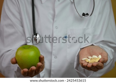 a doctor in a white coat with pills in one hand and an apple in the other warns about the consequences of an unhealthy lifestyle.