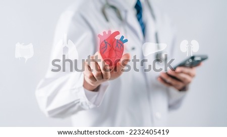 doctor in a white coat select and checkup heart organ virtual icon, heart anatomy, heart attack, heart disease, Female with health care and Health checkup concept.