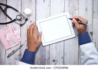 Doctor In White Coat Is Using A Digital Tablet, Top Down 