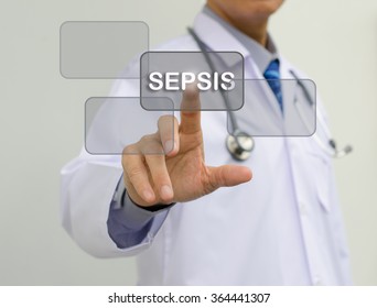 Doctor in white gown touching SEPSIS button on virtual screen.