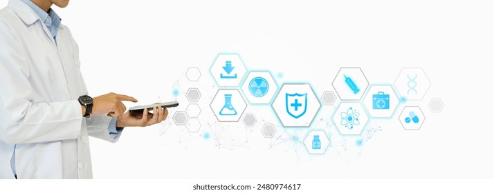 A doctor in a white lab coat typing on smartphone, showing symbol of medicine innovation, treatment, discovery and healthcare analysis. - Powered by Shutterstock