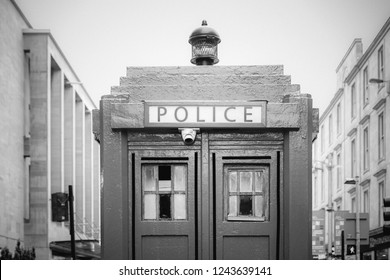 Doctor Who Style Police Box Glasgow. Black And White Photo