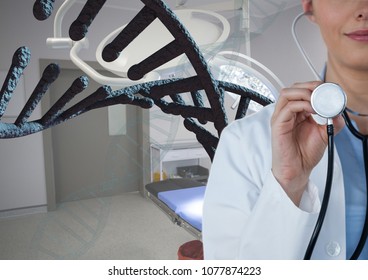 Doctor woman with 3D DNA strand