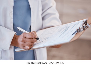 Doctor, woman hand and clipboard with pen and consultant contract for insurance document. Hospital, clinic and healthcare worker with writing and paperwork for report and surgeon application - Powered by Shutterstock