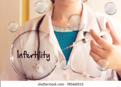 doctor woman holding a syringe and inject a infertility bubble 