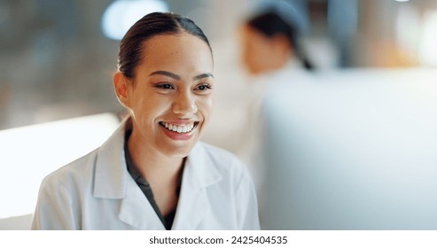 Doctor, woman and smile with data analysis in laboratory for biochemistry, science or research. Female person, face and happiness for experiment in medical care for health, treatment or breakthrough - Powered by Shutterstock