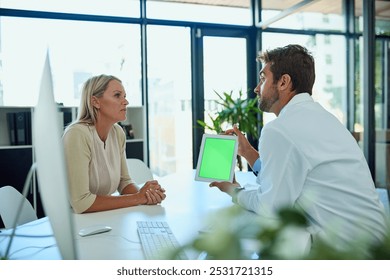 Doctor, woman and tablet green screen in clinic for patient test results, digital xray or consultation for treatment plan. Surgeon, person and technology with chroma key display for medical diagnosis - Powered by Shutterstock