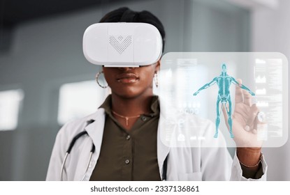 Doctor, woman and virtual reality glasses for hologram, human anatomy and click for analysis in clinic. African medic, holographic ux and ar vision with press, data analytics or 3d model in metaverse - Powered by Shutterstock