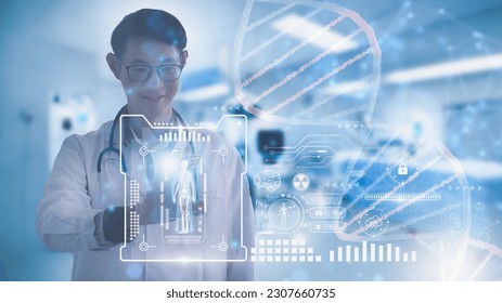 Doctor work digital visual screen in laboratory. analysis DNA structure, anatomy, brain and genes to develop medicine and collect health data. cloud personal data. online medical examination in lab - Powered by Shutterstock