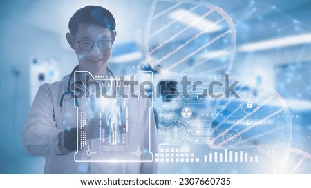 Doctor work digital visual screen in laboratory. analysis DNA structure, anatomy, brain and genes to develop medicine and collect health data. cloud personal data. online medical examination in lab