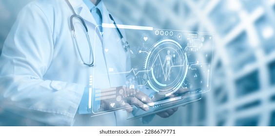 Doctor work with experiences a virtual interface with human body analysis. Digital healthcare and network connectivity on a modern interface. medical technology and futuristic concept - Powered by Shutterstock