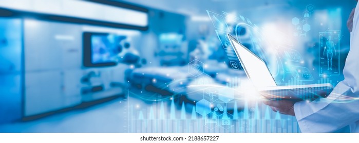 Doctor work with laptop computer,digital healthcare technology,system analysis network connection hologram virtual screen interface,online medical examination analysis report,banner panoramic header - Powered by Shutterstock