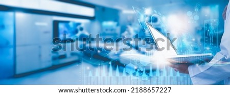 Doctor work with laptop computer,digital healthcare technology,system analysis network connection hologram virtual screen interface,online medical examination analysis report,banner panoramic header