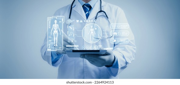 Doctor work on tablet with experiences a virtual interface with human body analysis. Digital healthcare and network connectivity on a modern interface. medical technology and futuristic concept