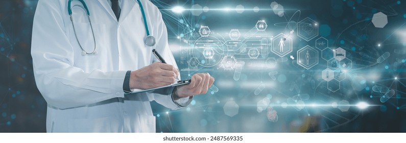 Doctor work with report with digital healthcare technology,system analysis network connection hologram virtual screen interface,online medical examination analysis report,banner panoramic header - Powered by Shutterstock