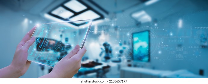 Doctor work with tablet computer,digital healthcare technology,system analysis network connection hologram virtual screen interface,online medical examination analysis report,banner panoramic header