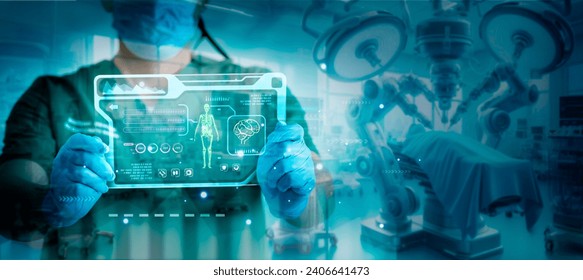 Doctor work with tablet computer,digital healthcare technology,system analysis network connection hologram virtual screen interface,online medical examination analysis report,surgical operation room