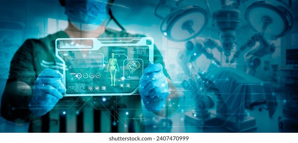 Doctor work with tablet computer,digital healthcare technology,system analysis network connection hologram virtual screen interface,online medical examination analysis report,surgical operation room - Powered by Shutterstock