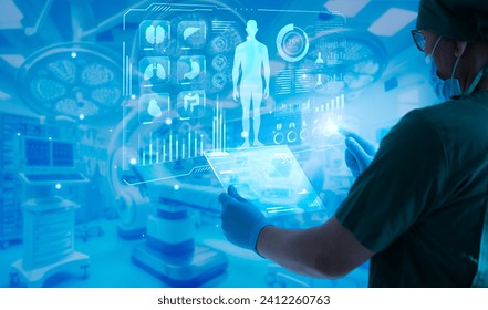 Doctor work with tablet computer,digital healthcare technology,system analysis network connection hologram virtual screen interface,online medical examination analysis report,surgical operation room