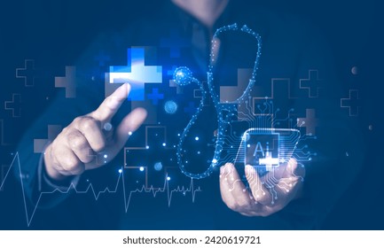 Doctor work with tablet computer,digital healthcare technology,system analysis network connection hologram virtual screen interface,online medical examination analysis report,Laboratory room test 