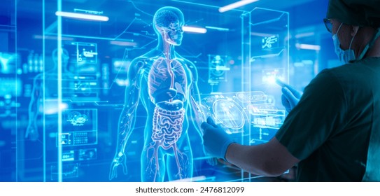 Doctor work with tablet computer,digital healthcare technology,system analysis network connection hologram virtual screen interface,online medical examination analysis report,surgical operation room - Powered by Shutterstock