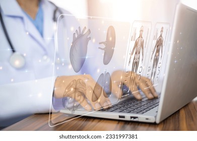 Doctor working with laptop computer  and Doctor using computer checking data patient document, Doctor using computer for health care hospital background	