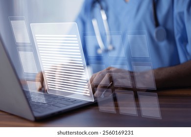 Doctor is working on a laptop, with digital data futuristic interfaces symbolizing technology and AI in modern healthcare for managing patient information and improving medical efficiency.