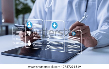 Doctor working on a tablet using a healthcare management system, representing secure medical data technology, efficient patient information management, and modern digital healthcare solutions.