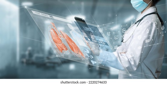 Doctor Working On Virtual Computer Screen With Examination Of Patient Lung.