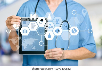 Doctor Working Tablet Computer Operating Stock Photo 1193430832 ...