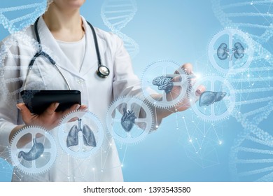 The doctor works with a complicated mechanism of human health on a blue background. - Shutterstock ID 1393543580