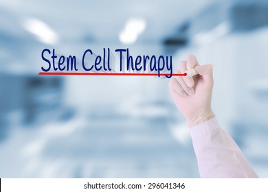 Doctor Write Stem Cell Therapy  On Visual Screen In Blurred Medical Lab Room.