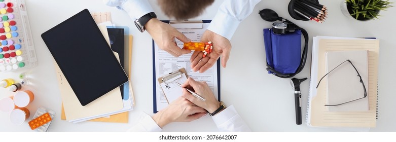 Doctor Writes Prescription To Patient For Medicine Top View. Prescribe Vitamin Medication Help For Healthy Lifestyle