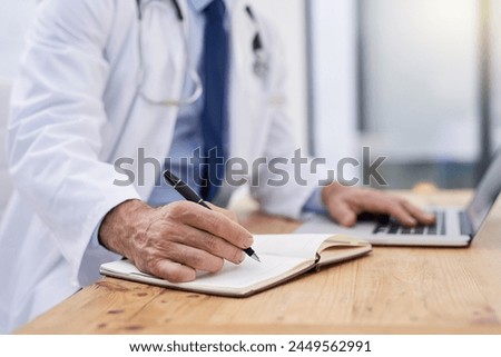 Doctor, writing and hands of notes with computer and medical research for muscular dystrophy in office. Person, tech and report information in notebook with medical study of healthcare worker
