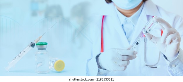 Doctor,nurse,woman,scientist, Hands In Gloves Holding Syringe And Vaccine Prevention Immunization And Treatment From Coronavirus Flu, Infection Of Vaccination, Injection Medical Concept.