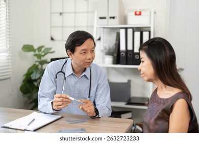 Doctor-Patient Discussion and Medical Guidance. A physician explaining treatment options to a patient in a clinical setting.