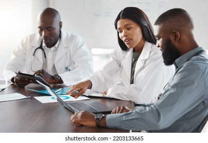 Doctors and accountant or b2b planning hospital finance report, budget or accounting with online ppt. Chart, graph and data analysis teamwork of businessman and medical healthcare worker planning - Powered by Shutterstock