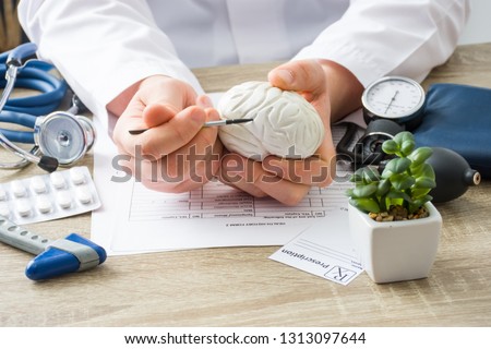 At doctors appointment physician shows to patient shape of brain with focus on hand with organ. Scene explaining patient causes and localization of diseases of brain, nerves and nervous system