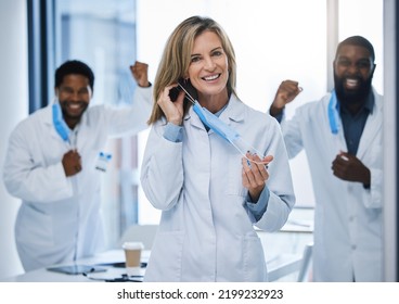 Doctors Celebrate Removing Covid Face Mask At End Of Pandemic, Celebration Of Virus Done And Success In Medical Hospital. Face Portrait Of Healthcare Workers Happy After Surgery And Coronavirus