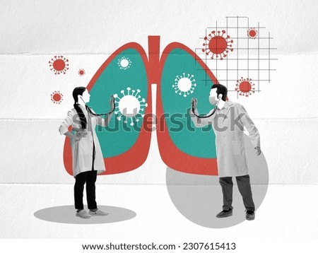 Doctors checking and examining lungs with stethoscope. Pneumonia illness and viruses treatment. Contemporary art collage. Concept of medicine, health care, profession, hospital, health checkup