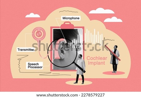 Doctors checking health of ear. Cochlear implant device electrically stimulates nerve or nervous system. Medical, medicine, healthcare concept. Modern methods of diagnostics, treatment. Art collage