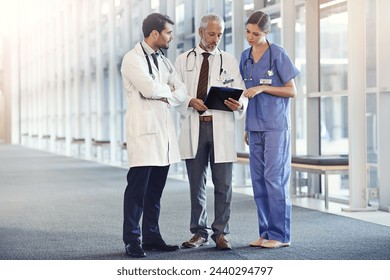 Doctors, expert and team in hospital with notes for diagnosis, discussion and health for medic and treatment. Young people or colleague with stethoscope for healthcare, medical and medicine on mockup - Powered by Shutterstock