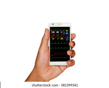 Doctor's Hand Holding Tablet / Smart Phone Show Patient Monitor / EKG / ECG Online Data, Telemedicine , Medical Technology Concept