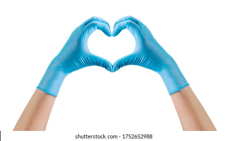 Doctor's Hand In Sterile Medical Gloves Showing Heart Shape Isolated On White Background With Clipping Path. Concept Of Protection Against Pandemic And Viruses.