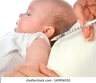 Doctors Hand With Syringe Vaccinating Child Baby Flu Injection Shot Isolated On A White Background