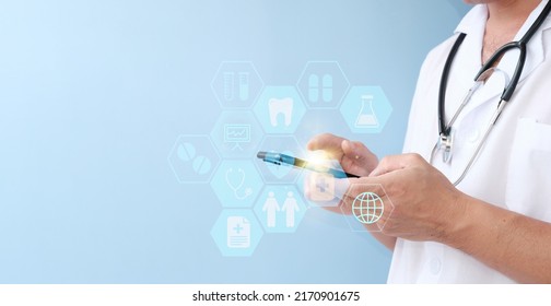 Doctor's hand using a smartphone to diagnose a patient's virtual medical record. Medical technology and futuristic concept, digital healthcare and network on modern virtual screen - Shutterstock ID 2170901675