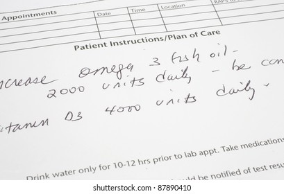 A Doctors Hand Written Instructions For The Patient To Increase Their Omega 3 Fish Oil Fatty Acid Pills And Take Vitamin D.