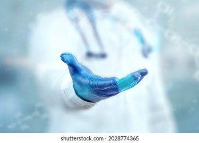 doctor's hands in blue gloves close-up, medicine, examination.