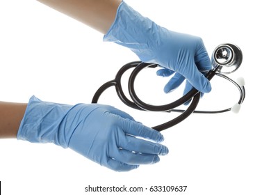 Doctors Hands With Blue Latex Gloves And Stethascope  Isolated On White Background 