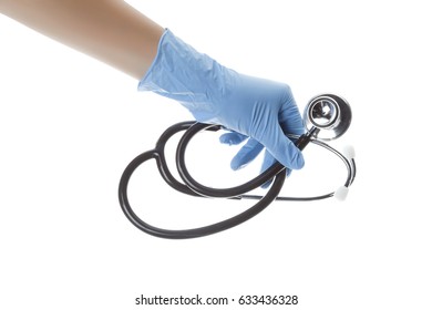 Doctors Hands With Blue Latex Gloves And Stethascope  Isolated On White Background 